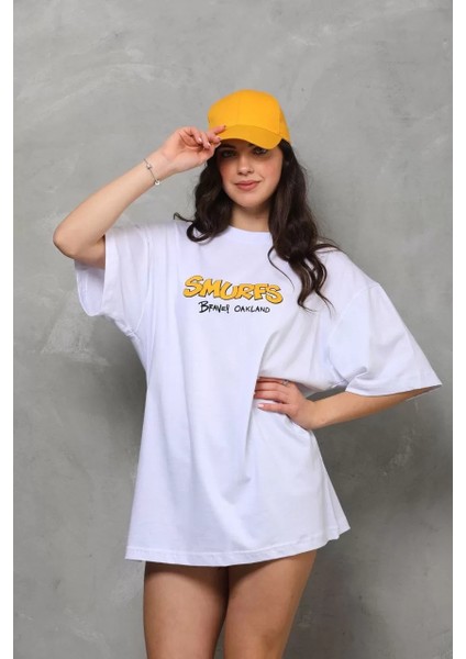 Unisex Bisiklet Yaka Baskılı Oversize T-Shirt - Beyaz fiyatları