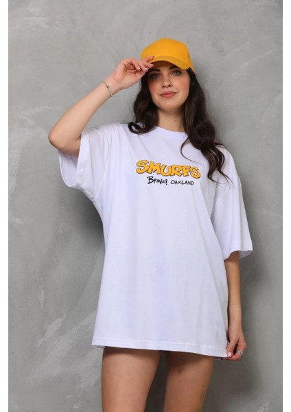 Unisex Bisiklet Yaka Baskılı Oversize T-Shirt - Beyaz indirimleri