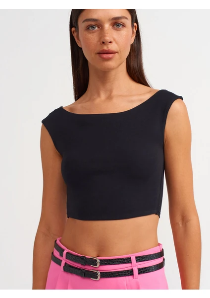 20869 Kayık Yaka Crop Top-Siyah