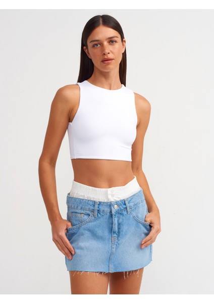 80566 Boxer Detaylı Denim Mini Etek-Mavi