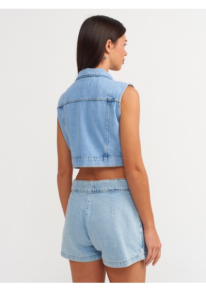 71501 Önü Pileli Anvalop Denim Şort Etek-Mavi