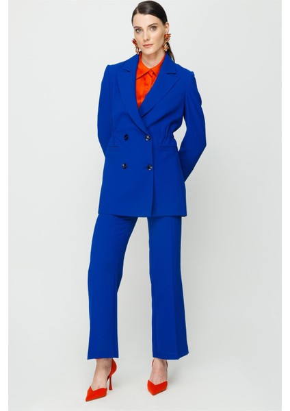 Kruvaze Düğmeli Blazer Ceket - Sax