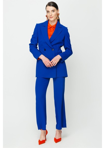 Kruvaze Düğmeli Blazer Ceket - Sax