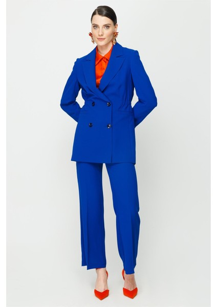 Kruvaze Düğmeli Blazer Ceket - Sax
