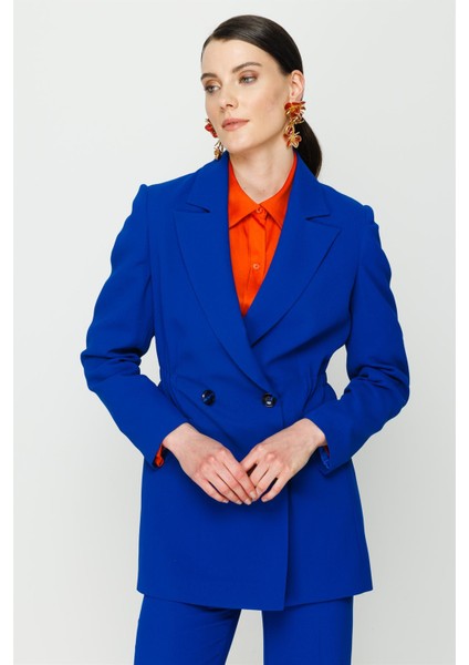 Kruvaze Düğmeli Blazer Ceket - Sax