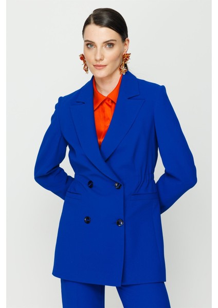 Kruvaze Düğmeli Blazer Ceket - Sax