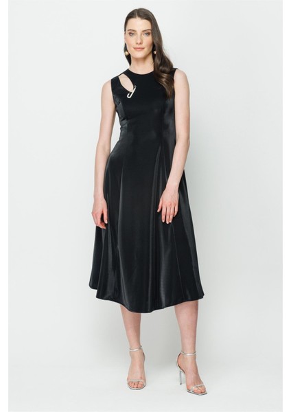Cutout Örme Midi Elbise - Siyah