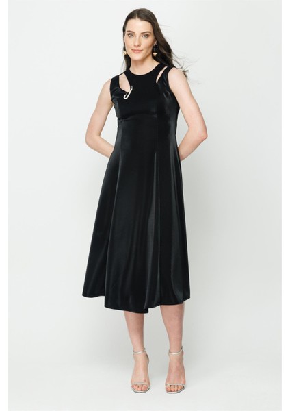 Cutout Örme Midi Elbise - Siyah