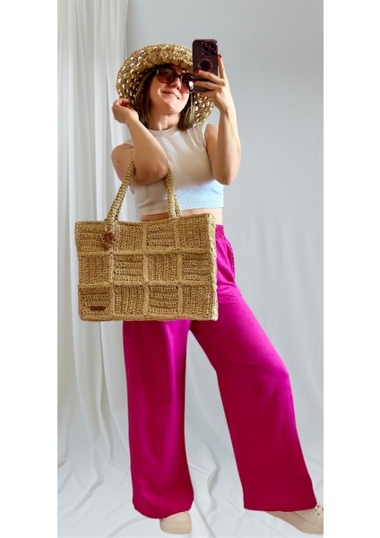 El Yapımı Örgü Hasır Patchwork Tasarım Çanta, Plaj Çantası (Hediyeli) fiyatları