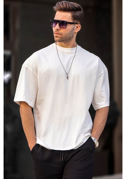Erkek Oversize Fit Basic Pamuklu T-Shirt 6066 Ekru