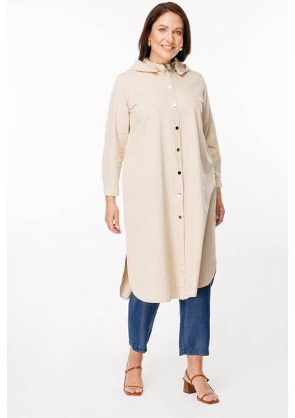 Büyük Beden Kapüşonlu Uzun Trençkot - Bej