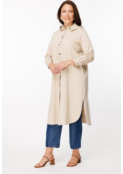 Büyük Beden Kapüşonlu Uzun Trençkot - Bej modelleri