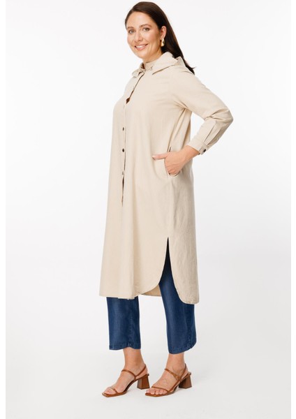 Büyük Beden Kapüşonlu Uzun Trençkot - Bej fırsatları