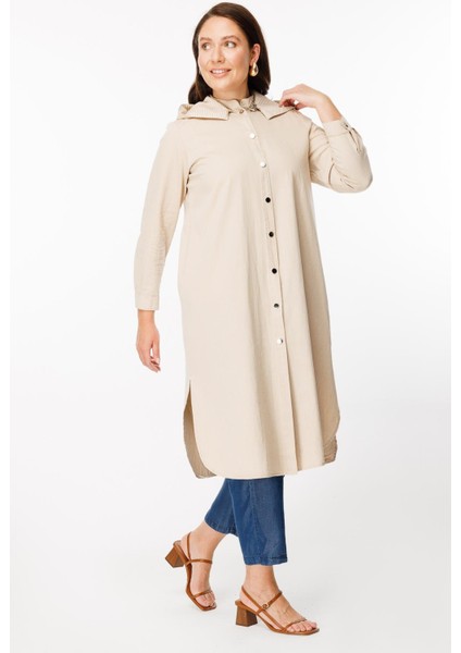 Büyük Beden Kapüşonlu Uzun Trençkot - Bej indirimleri