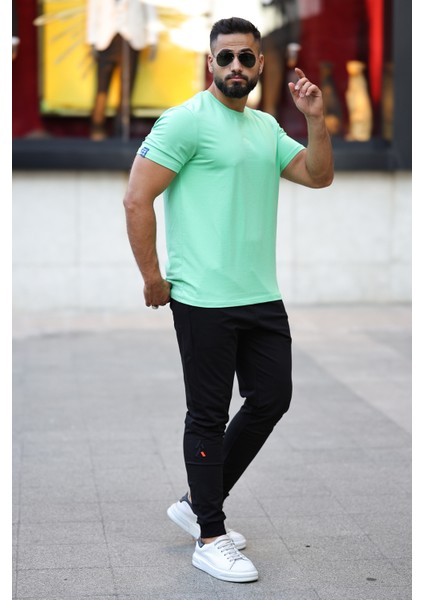 Erkek Kısa Kol Standart Kalıp 0 Yaka Basic T-Shirt 87911 Su Yeşili