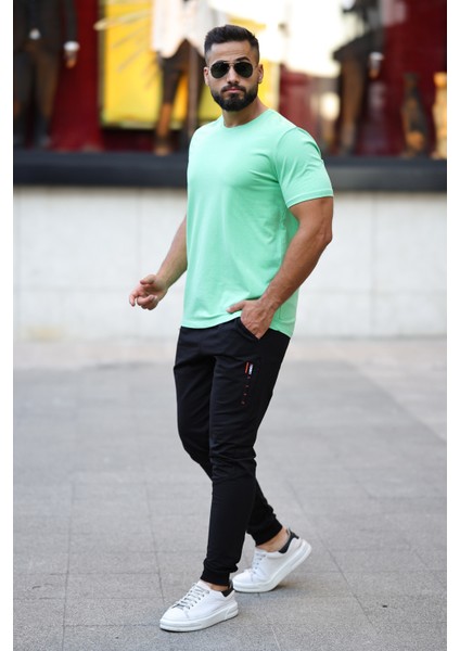 Erkek Kısa Kol Standart Kalıp 0 Yaka Basic T-Shirt 87911 Su Yeşili modelleri