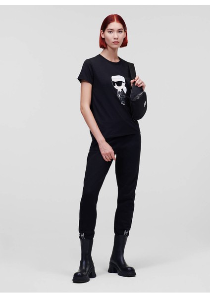 Yuvarlak Yaka Baskılı Siyah Kadın T-Shirt 240W1700