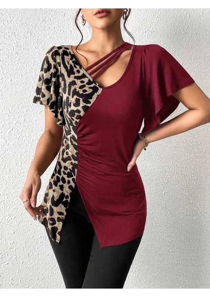 Kadın Kısa Kollu V Yaka Şerit Detay Leopar Desenli Viskon Bluz fiyatları