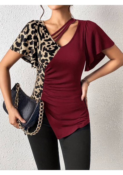 Kadın Kısa Kollu V Yaka Şerit Detay Leopar Desenli Viskon Bluz modelleri