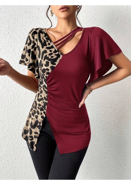 Kadın Kısa Kollu V Yaka Şerit Detay Leopar Desenli Viskon Bluz fırsatları