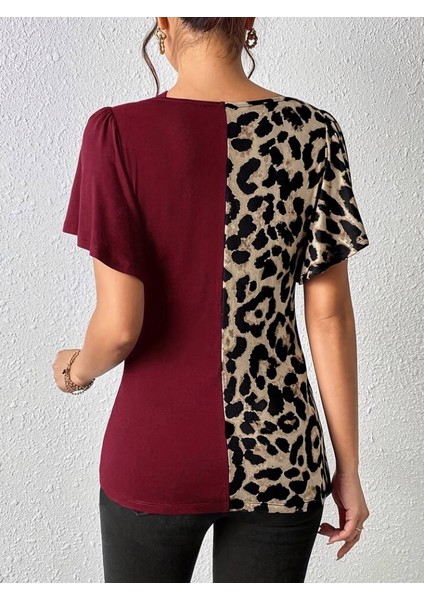 Kadın Kısa Kollu V Yaka Şerit Detay Leopar Desenli Viskon Bluz indirimleri