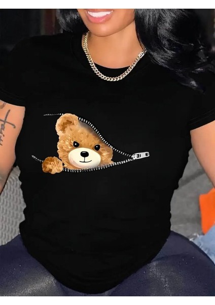 Kadın Kısa Kollu Ayıcık Baskılı Viskon T-Shirt