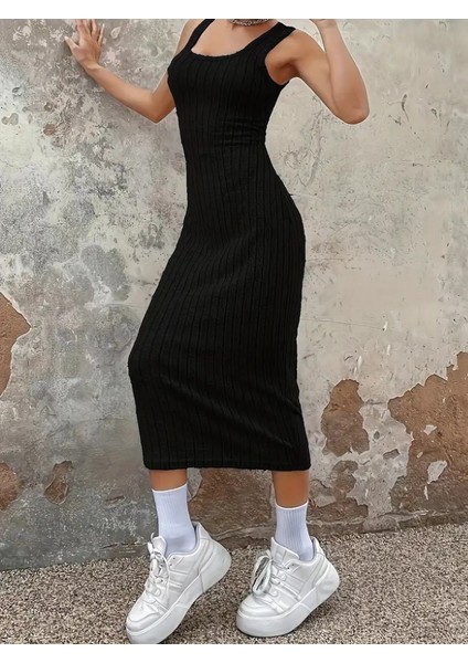 Kadın Kalın Askılı Kare Yaka Fitilli Kaşkorse Midi Boy Elbise