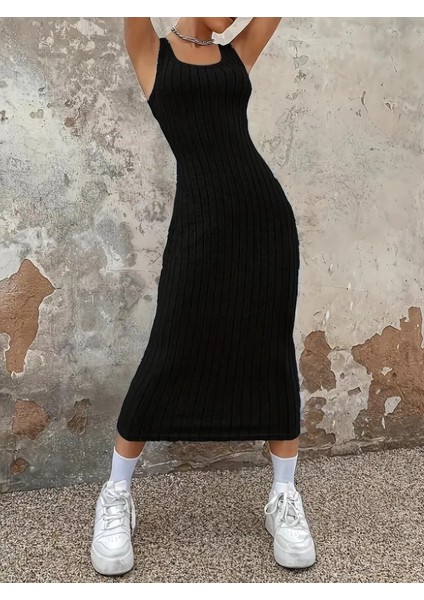 Kadın Kalın Askılı Kare Yaka Fitilli Kaşkorse Midi Boy Elbise fiyatları