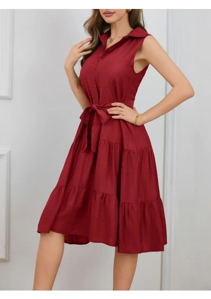 Kadın Sıfır Kollu Gömlek Yaka Düğmeli Beli Kuşaklı Katlı Dokuma Midi Elbise
