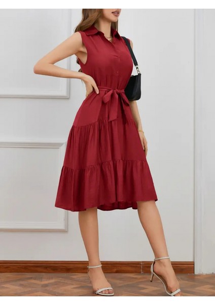 Kadın Sıfır Kollu Gömlek Yaka Düğmeli Beli Kuşaklı Katlı Dokuma Midi Elbise fiyatları