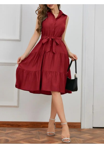 Kadın Sıfır Kollu Gömlek Yaka Düğmeli Beli Kuşaklı Katlı Dokuma Midi Elbise indirimleri