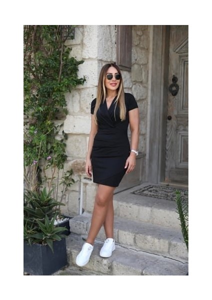 Kadın Kısa Kollu Kruvaze Yaka Belden Büzgülü Ithal Krep Elbise fiyatları