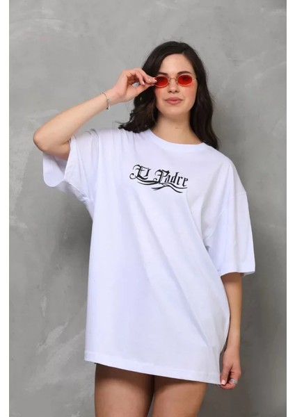 Stil Aura Unisex Bisiklet Yaka Baskılı Oversize T-Shirt - Beyaz