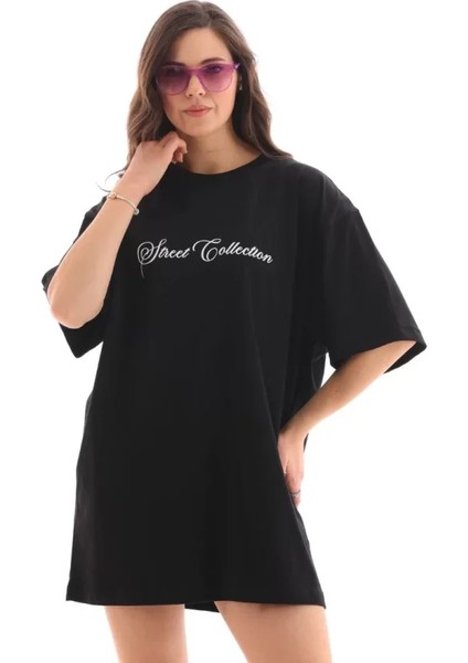 YS Innovation Unisex Bisiklet Yaka Baskılı Oversize T-Shirt - Siyah