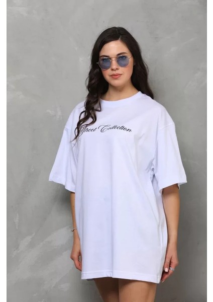 Alinn Butikk Unisex Bisiklet Yaka Baskılı Oversize T-Shirt - Beyaz