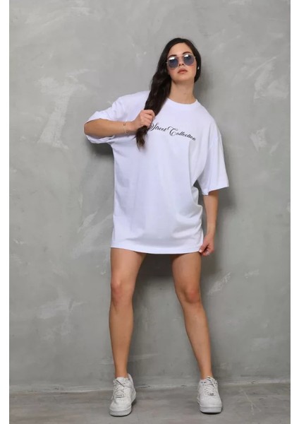 Alinn Butikk Unisex Bisiklet Yaka Baskılı Oversize T-Shirt - Beyaz