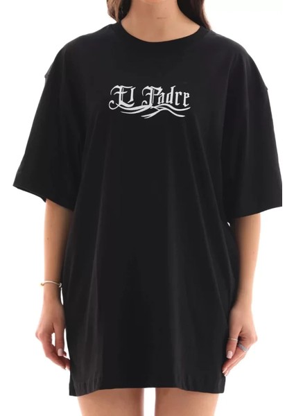 Alinn Butikk Unisex Bisiklet Yaka Baskılı Oversize T-Shirt - Siyah