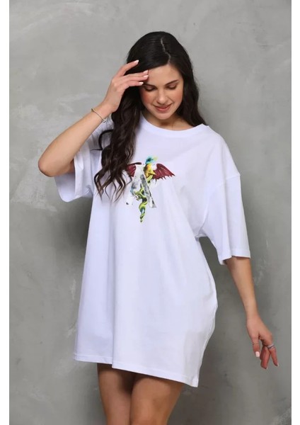 Unisex Bisiklet Yaka Baskılı Oversize T-Shirt - Beyaz