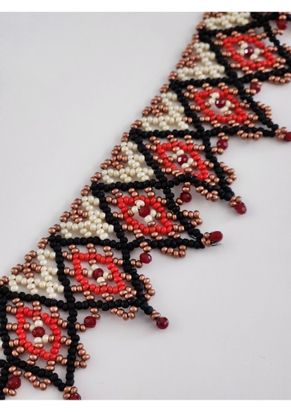 Etnik Bohem Yaka Kilim Çiçek Model Kum Boncuk Kolye El Yapımı