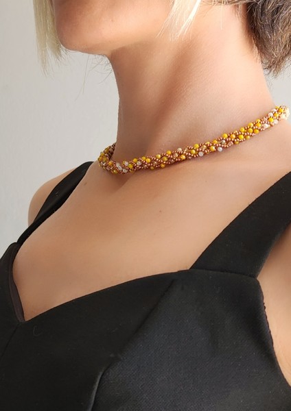 Etnik Bohem Sarmal Dönmeli Model Kristal Sarı Kristal Boncuk Kolye