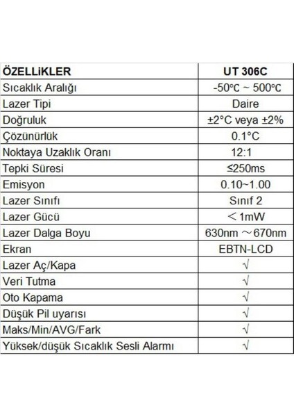 Ut 306C Kızılötesi Lazerli Termometre Sıcaklık Ölçüm Aleti