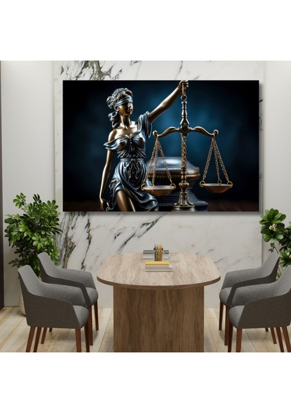 Tekli Yatay Kanvas Avukat Büro Tablosu Adalet Terazisi ve Kadın