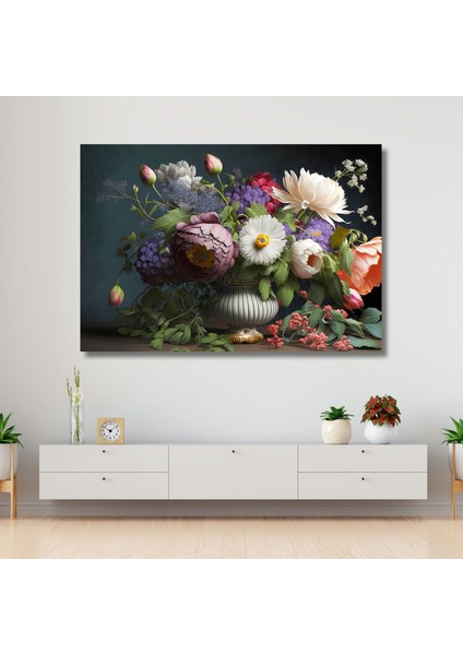 Tekli Yatay Kanvas Duvar Tablosu Vazoda Renkli Çiçek Seremonisi