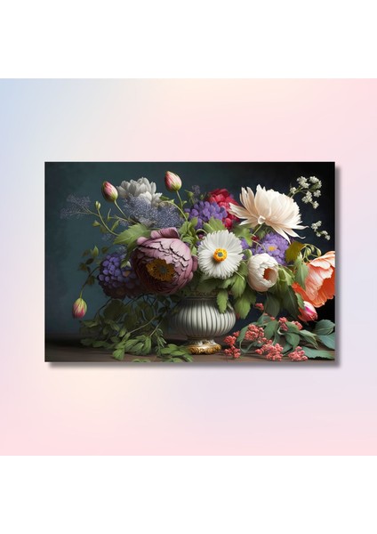Tekli Yatay Kanvas Duvar Tablosu Vazoda Renkli Çiçek Seremonisi modelleri