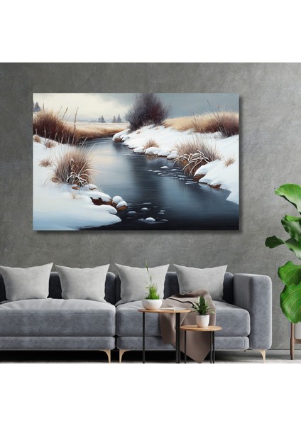 Tekli Yatay Kanvas Duvar Tablosu Karlı Orman ve Dere Manzarası