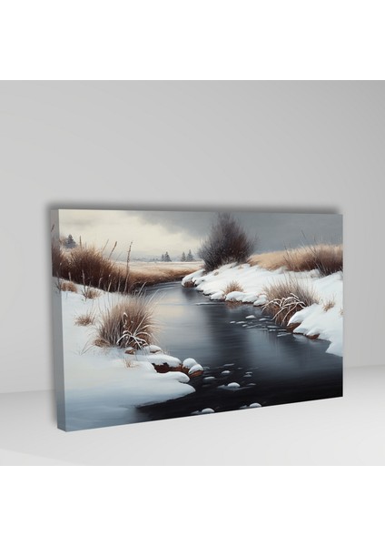 Tekli Yatay Kanvas Duvar Tablosu Karlı Orman ve Dere Manzarası fiyatları