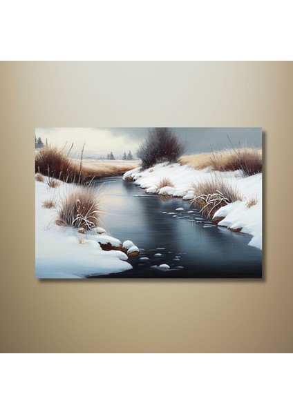Tekli Yatay Kanvas Duvar Tablosu Karlı Orman ve Dere Manzarası modelleri