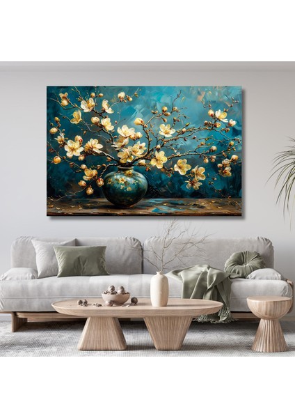 Tekli Yatay Kanvas Duvar Tablosu Vazoda Kiraz Çiçeği ve Dalları