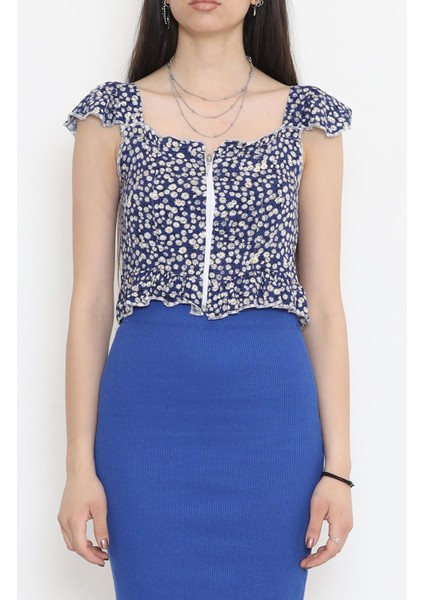 Fermuarlı Crop Bluz Maviçiçekli - 18473.1153.