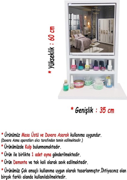 35 cm Karanfil 1k - Aynalı Çok Amaçlı Aksesuar Anahtarlık - Askılık Hediyelik Takı Dolabı - Beyaz S